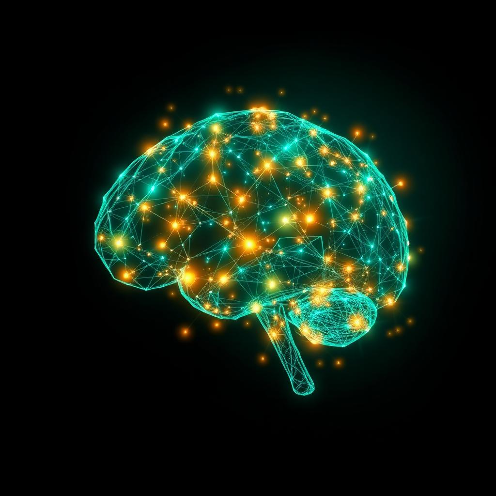 A glowing network of interconnected nodes forming an AI brain
