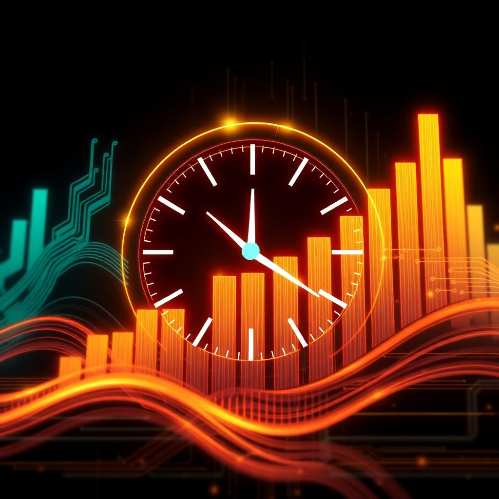 A glowing clock and rising bars representing time and cost savings